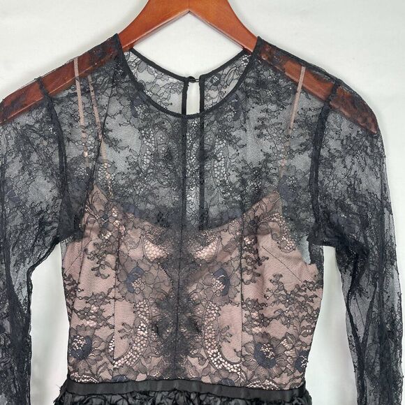 nha khanh Angelica Lace Swan Long Sleeve Crewneck Mini Dress Black 0 - Picture 5 of 10